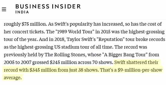 How much does Taylor swift make per Concert
