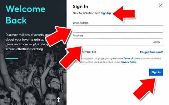 Sign up to ticketmaster