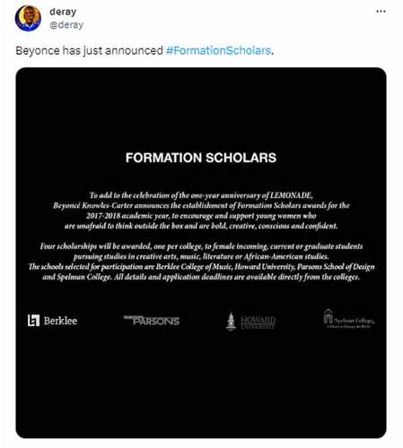 beyonce Formation Scholars program